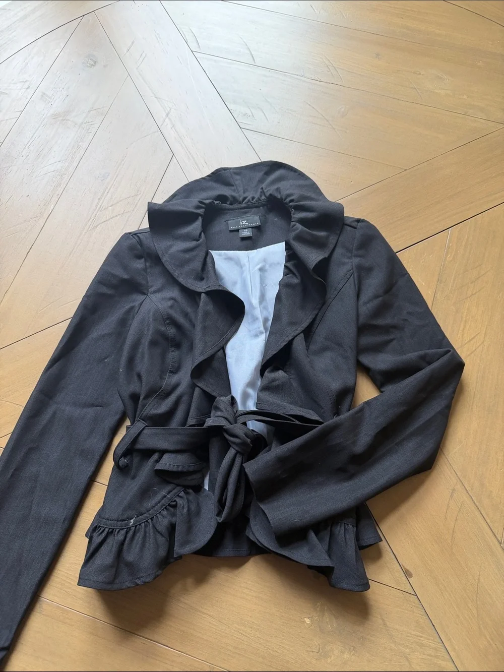 Iz Byer Black Ruffle-Trim Tie-Waist Blazer